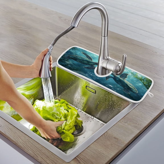 Wobogo Sea Turtle Faucet Drying Mat Set of 2 Sponge Material Absorbs Water Quickly Kitchen Sink Countertop Splash Guard 14×5.5in