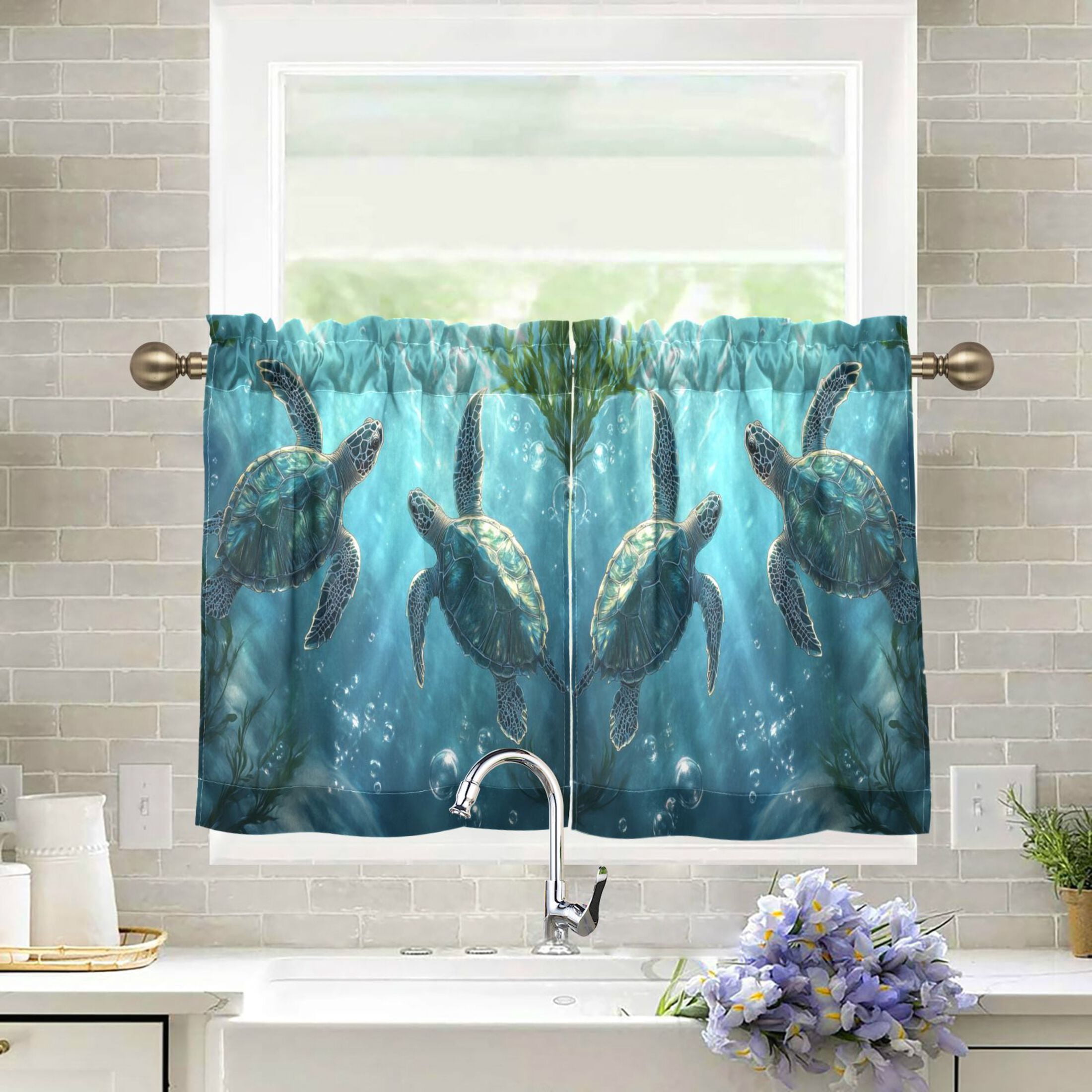 Turtle Kitchen Accessory Wobogo Sea Turtle Kitchen Curtains 2 Piece Set Farmhouse Country Style ...