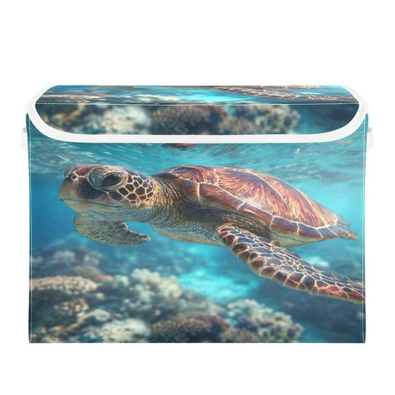 Wobogo Sea Turtle Large Collapsible Storage Box Flip Lid Fabric Decorative Organizer Container Basket with Handles 16.512.611.8in