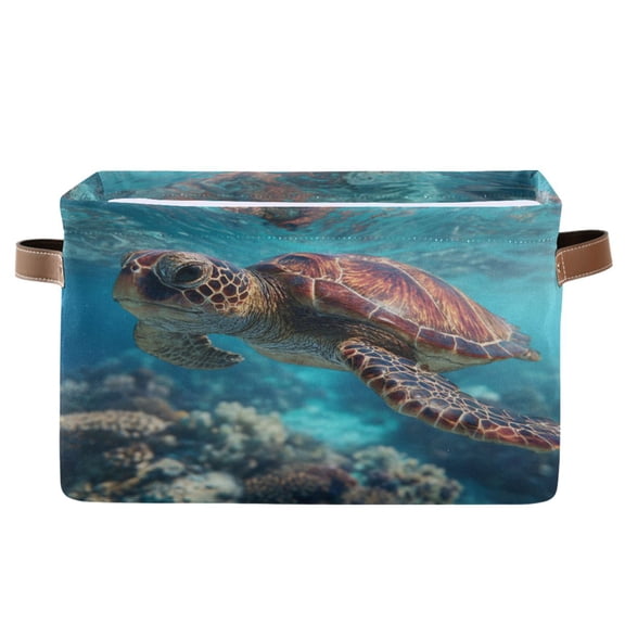 Wobogo Sea Turtle Square Storage Basket with Waterproof Canvas and PE Lining Durable PU Leather Handles 14.2×10.2×8.3in