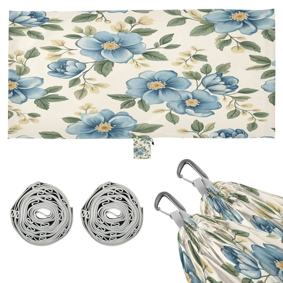 Wobogo Seamless Pattern Of Blue Flowers and Green Leaves Camping Hammocks 330 lb Capacity with Tree Straps and Hanging Pockets for Outside Hiking Beach Backpack Travel