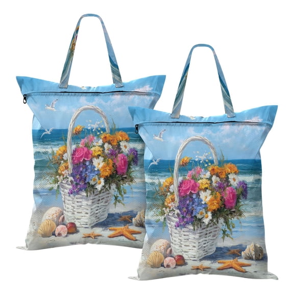 Wobogo Seaside Flower Basket Travel Laundry Bag Dirty Clothes Organizer Top Handle Strap Design Suitable for Beach Camping Dormitory Bathrooms