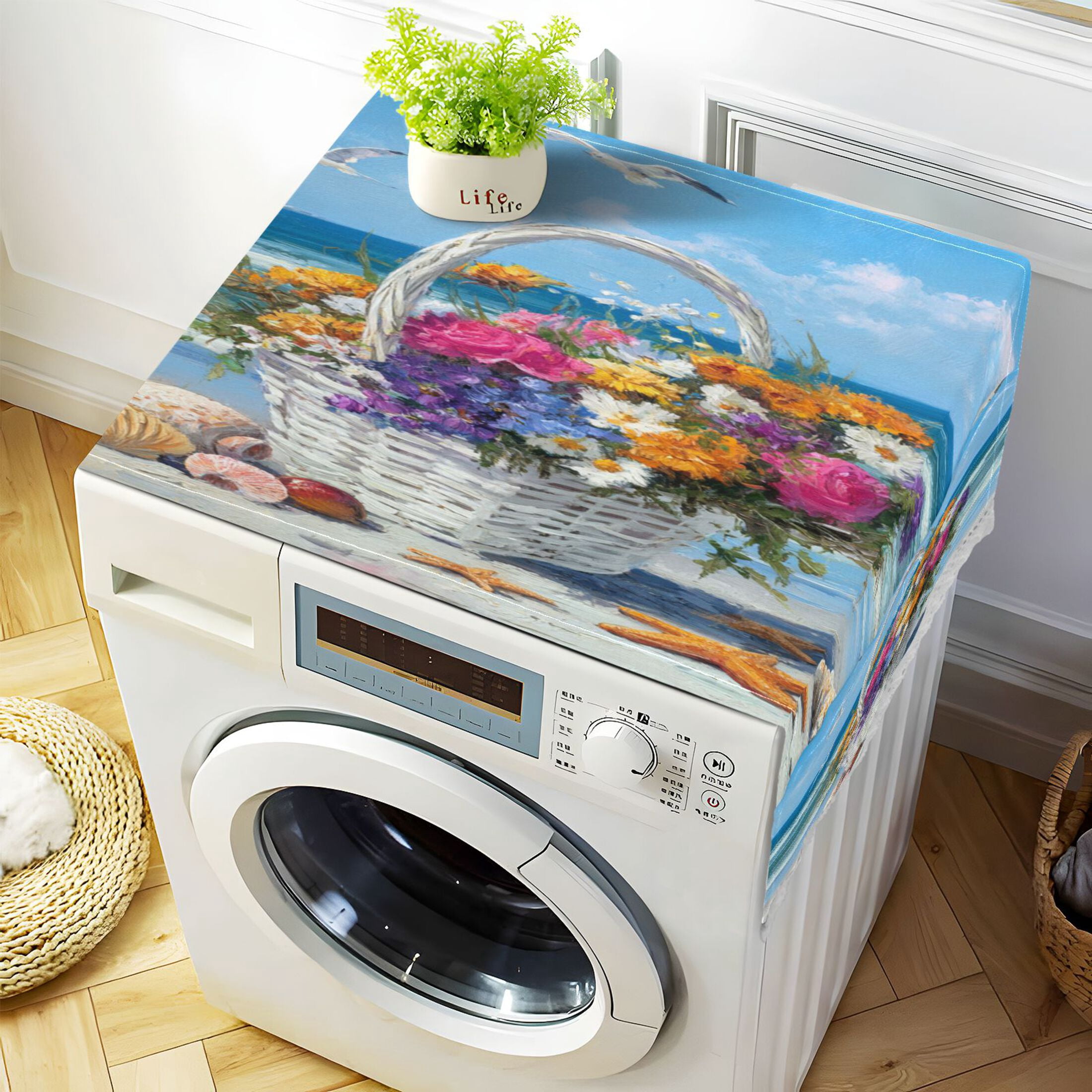 Wobogo Seaside Flower Basket Washing Machine Cover Dustproof Washer Dryer Cover Waterproof Laundry Room Decorative Protector