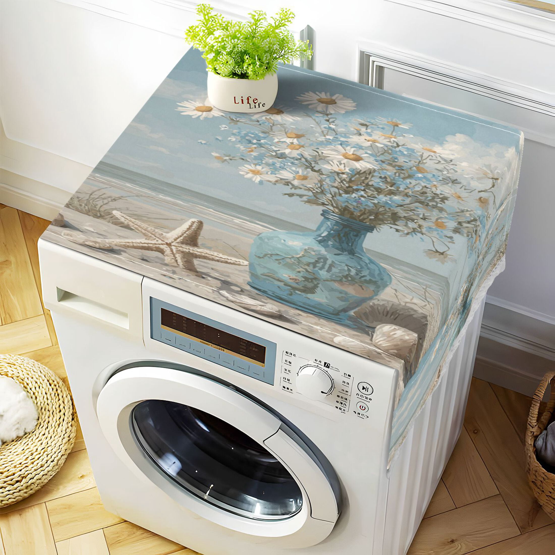 Wobogo Seaside Flowers Washing Machine Cover Dustproof Washer Dryer Cover Waterproof Laundry Room Decorative Protector