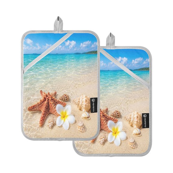 Wobogo Seaside Shell Oven Mitts 2 Piece Heat Resistant 338 Degrees F Square Insulation Pads for A Wide Range of Cooking Occasions