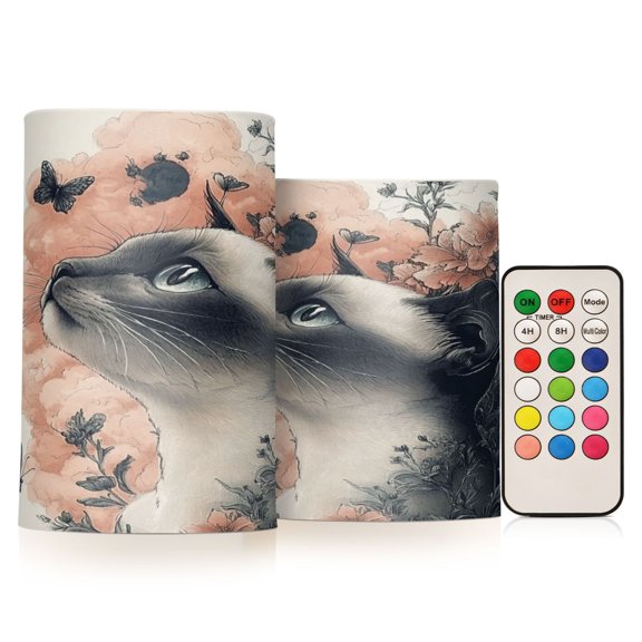Wobogo Siamese Cat with Flower Combo Flameless Flickering Candle Light with Remote Control and Timer for Romantic Atmosphere