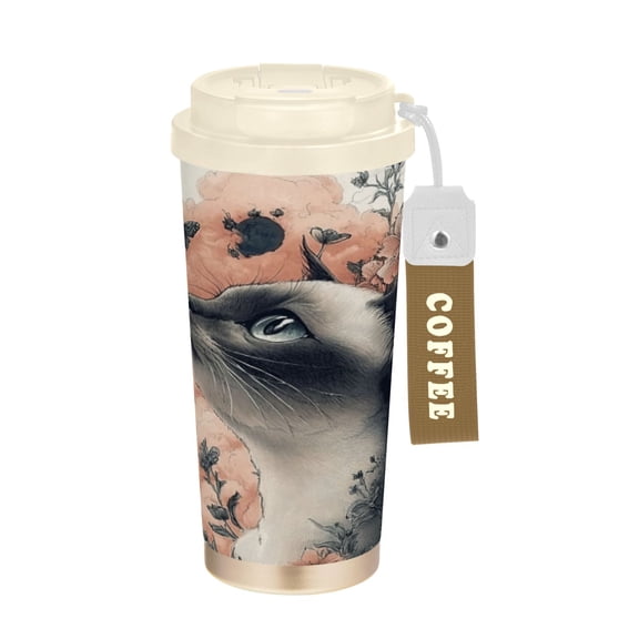 Wobogo Siamese Cat with Flower Double Drinking Coffee Cup Insulated Mug with Food-grade 316 Stainless Steel Beige Lid