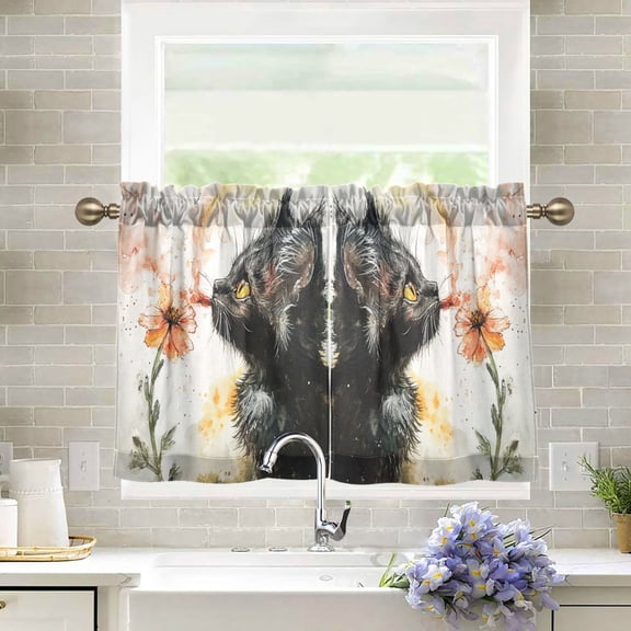 Wobogo Skinny Black Cat Kitchen Curtains 2 Piece Set Farmhouse Country Style Light Filtering Small Window Drapes Suitable for Bathroom Laundry Room and RV 27x24in