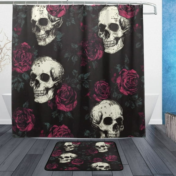 Wobogo Skull Burgundy Roses Pattern Bathroom Shower Curtain Set with Floor Mat and Hooks Ultra Waterproof Visible Slider Beads
