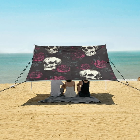 Wobogo Skull Burgundy Roses Pattern Beach Tent Camping Sun Shelter 110 x 125in UPF50+ Outdoor Shade for Trips Fishing Picnics