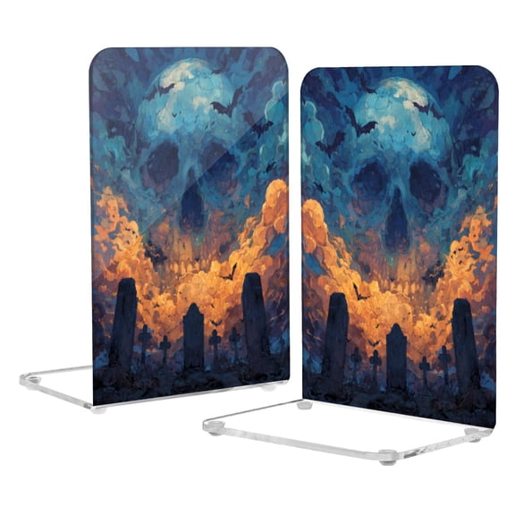 Wobogo Skull Cemetery Acrylic Bookends Clear L-Shaped Book Holder with Non-Slip Pads for Books Files Magazines CD DVD 5.44.18.1in
