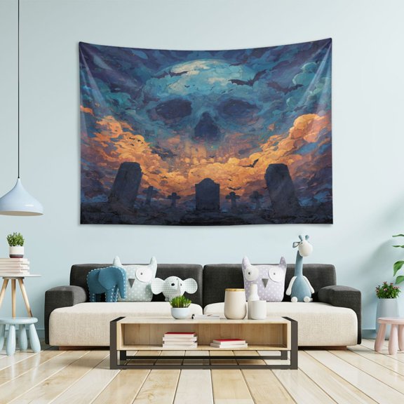 Wobogo Skull Cemetery Tapestry 60×51in Home Living Room Bedroom Wall Hanging Ornaments