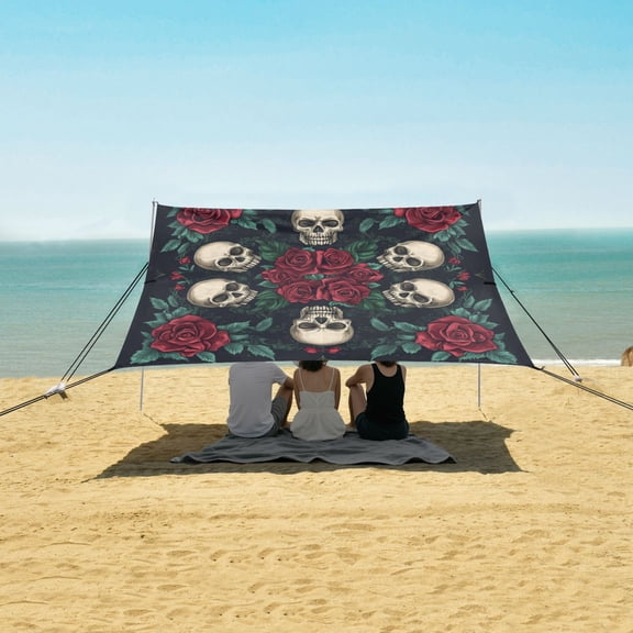 Wobogo Skull Red Rose Darkpattern Beach Tent Camping Sun Shelter 110 x 125in UPF50+ Outdoor Shade for Trips Fishing Picnics