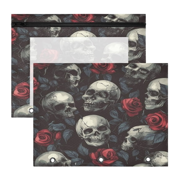 Wobogo Skull Red Roses Pattern A4 Size Clear Polyester File Pocket Set of 2 Zipper Home Work Office Organizer