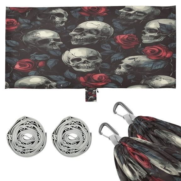 Wobogo Skull Red Roses Pattern Camping Hammocks 330 lb Capacity with Tree Straps and Hanging Pockets for Outside Hiking Beach Backpack Travel
