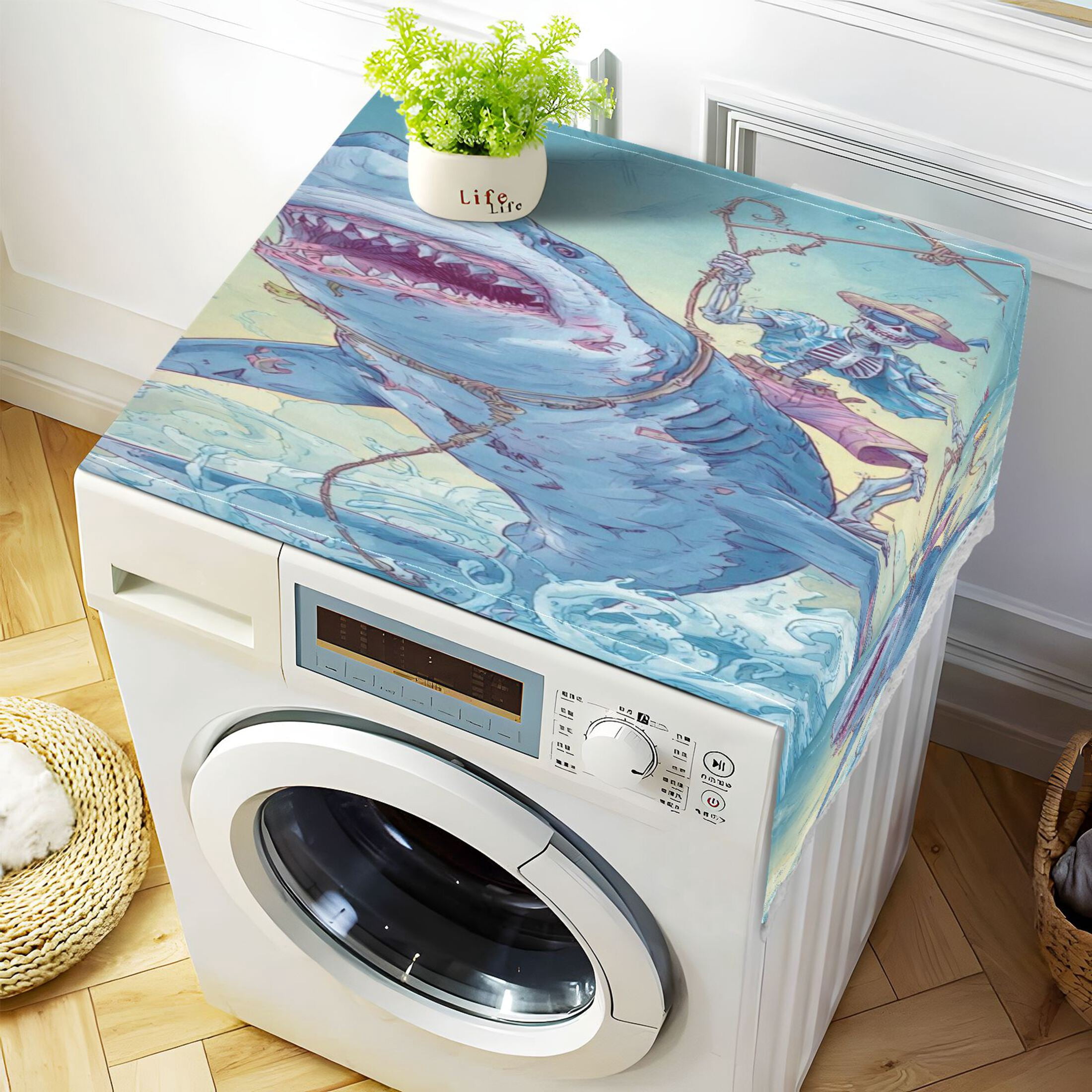 Wobogo Skull Shark Washing Machine Cover Dustproof Washer Dryer Cover Waterproof Laundry Room Decorative Protector
