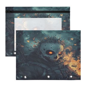 Wobogo Skull Soldier A4 Size Clear Polyester File Pocket Set of 2 Zipper Home Work Office Organizer