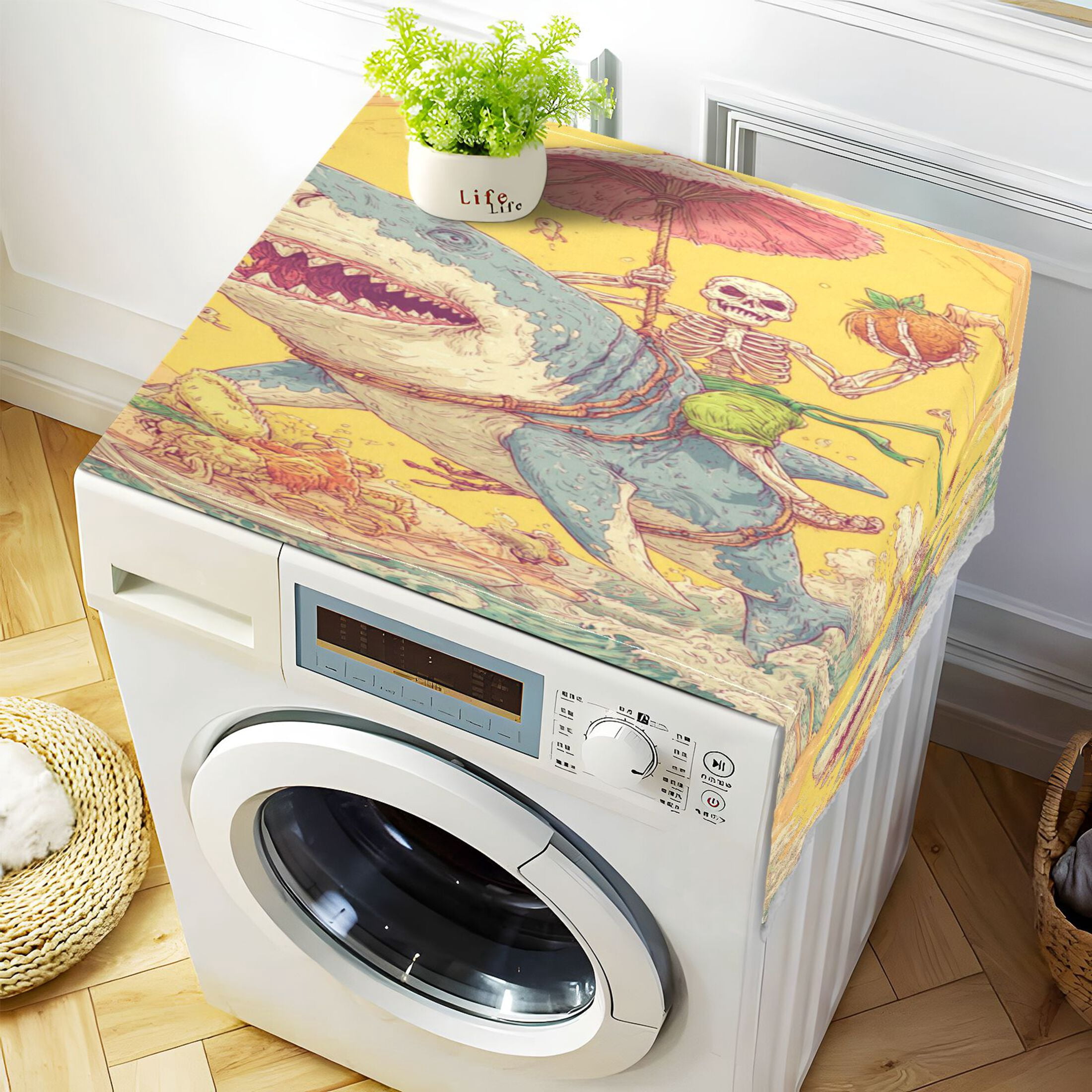 Wobogo Skull Surfing Washing Machine Cover Dustproof Washer Dryer Cover Waterproof Laundry Room Decorative Protector