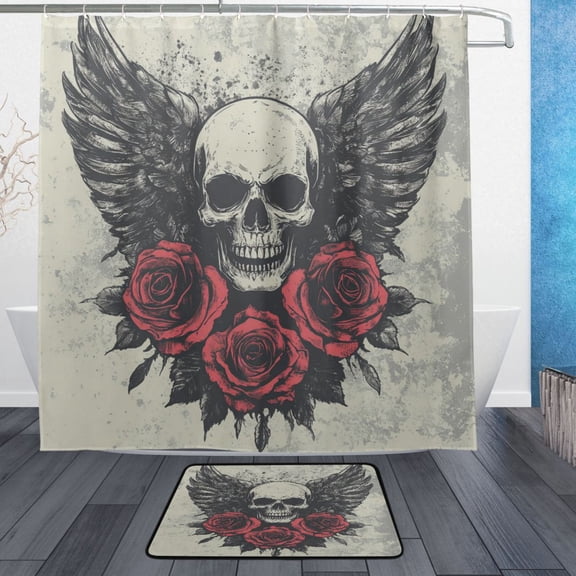 Wobogo Skull Wings Rose Grunge Style Bathroom Shower Curtain Set with Floor Mat and Hooks Ultra Waterproof Visible Slider Beads