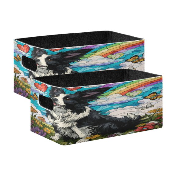 Wobogo Smiling Border Collie Decorative Folding Storage Basket Felt Organizer Bin for Toys, Clothes, Desk