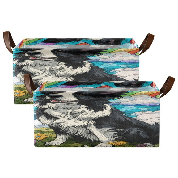 Wobogo Smiling Border Collie Storage Basket Soccer Plaid Fabric Oversized Collapsible Hoard Box with Metal Iron Frame Two Piece Set 16.9×11.4×7.7in