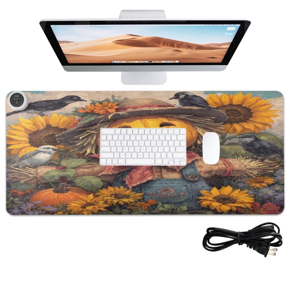 Wobogo Smiling Scarecrow Heated Mouse Pad Extra-Large Desk Mat With 3 Heating Levels and 3-hour Auto Shut-Off Protection Ideal for Computer Keyboards Home Office Hand-warming Essential 31.5in  13in