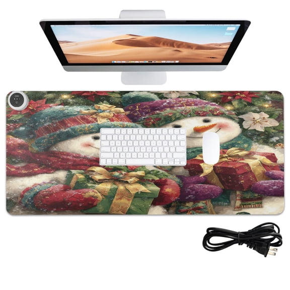 Wobogo Smiling Snowmen Heated Mouse Pad Extra-Large Desk Mat With 3 Heating Levels and 3-hour Auto Shut-Off Protection Ideal for Computer Keyboards Home Office Hand-warming Essential 31.5in  13in