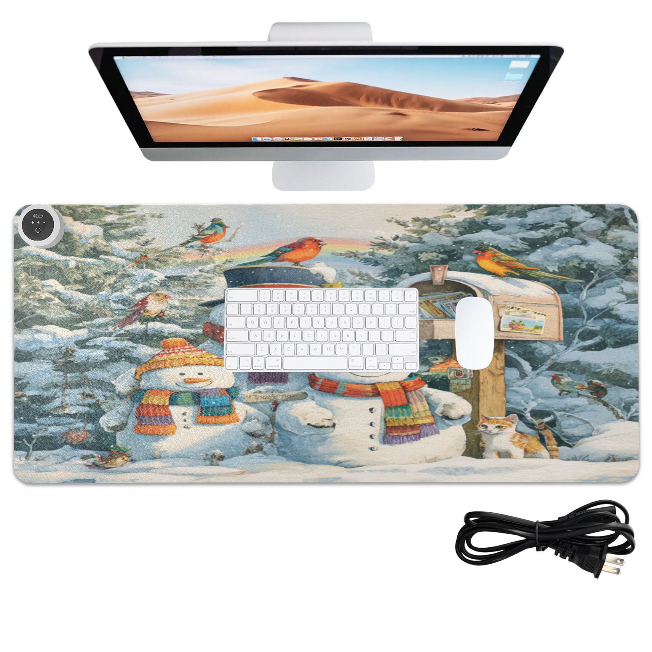 Wobogo Snowman Family Heated Mouse Pad Extra-Large Desk Mat With 3 Heating Levels and 3-hour Auto Shut-Off Protection Ideal for Computer Keyboards Home Office Hand-warming Essential 31.5in × 13in