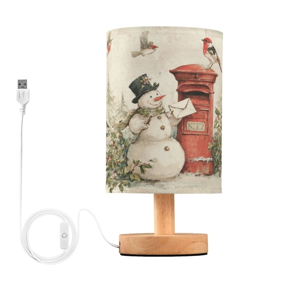Wobogo Snowman Mail Carrier Bedroom Table Lamp USB Power Connector Wooden Base Round Linen Shade For Living Room Desk