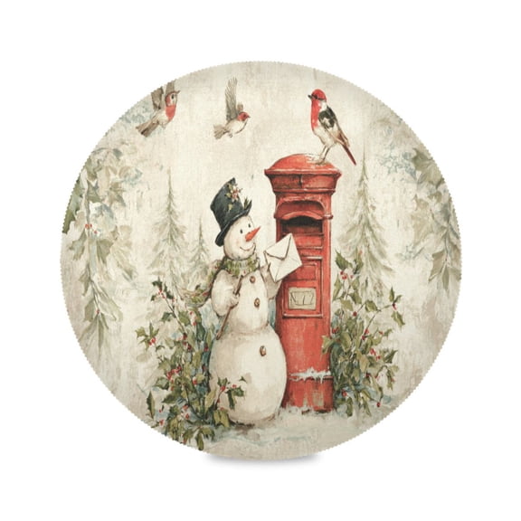 Wobogo Snowman Mail Carrier Round Placemats Set of 1 Heat Resistant Washable Kitchen Table Decorations 15.4in