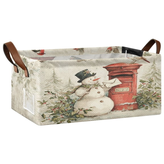 Wobogo Snowman Mail Carrier Storage Basket Soccer Plaid Fabric Oversized Collapsible Hoard Box with Metal Iron Frame 16.9×11.4×7.7in