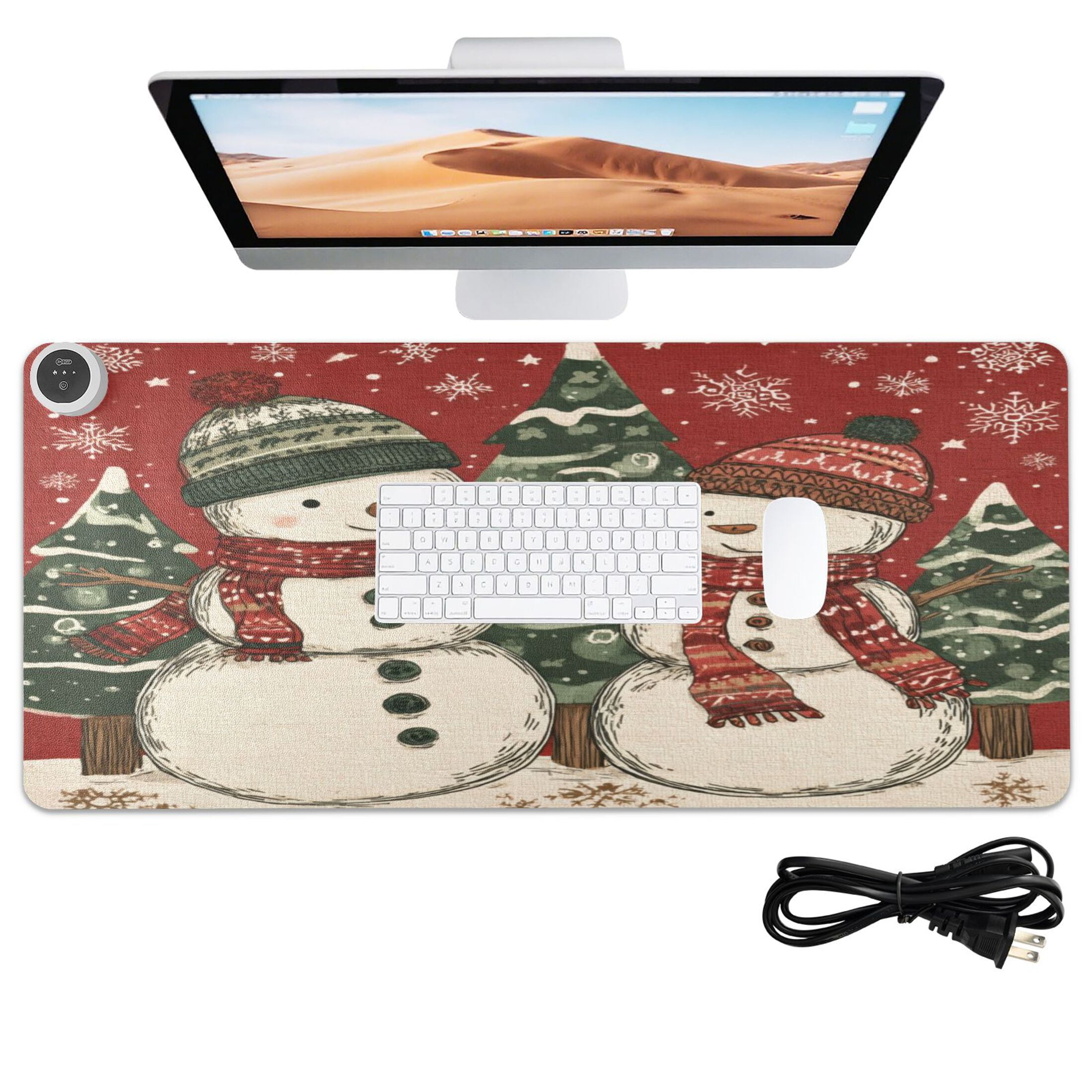 Wobogo Snowman Twins Heated Mouse Pad Extra-Large Desk Mat With 3 Heating Levels and 3-hour Auto Shut-Off Protection Ideal for Computer Keyboards Home Office Hand-warming Essential 31.5in × 13in