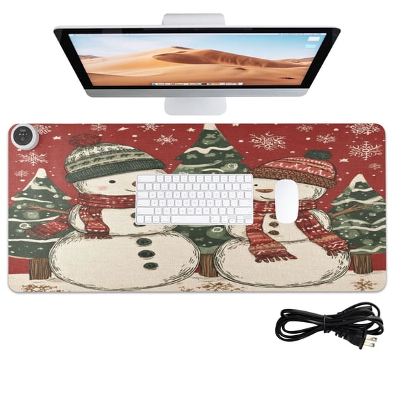 Wobogo Snowman Twins Heated Mouse Pad Extra-Large Desk Mat With 3 Heating Levels and 3-hour Auto Shut-Off Protection Ideal for Computer Keyboards Home Office Hand-warming Essential 31.5in 13in