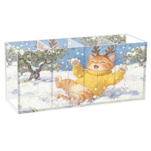 Wobogo Snowy Fun Kitten Acrylic Pen Holder 4 Compartments Clear Pencil Organizer Makeup Brush Storage Case