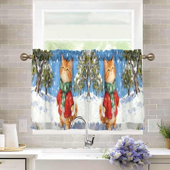 Wobogo Snowy Plump Orange Cat Kitchen Curtains 2 Piece Set Farmhouse Country Style Light Filtering Small Window Drapes Suitable for Bathroom Laundry Room and RV 27x24in