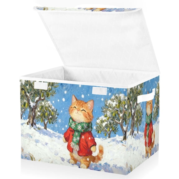 Wobogo Snowy Plump Orange Cat Large Collapsible Storage Box Flip Lid Fabric Decorative Organizer Container Basket with Handles 16.512.611.8in