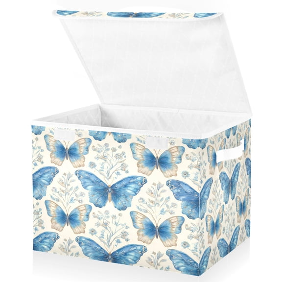 Wobogo Soft Blue Butterfly Large Collapsible Storage Box Flip Lid Fabric Decorative Organizer Container Basket with Handles 16.512.611.8in