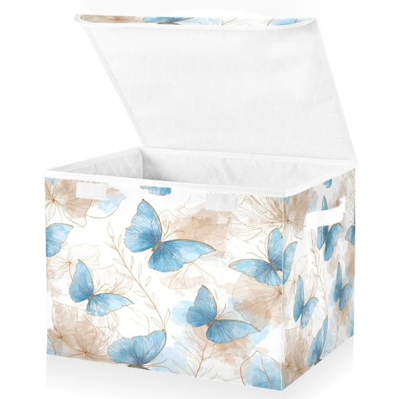 Wobogo Soft Blue Butterfly Large Collapsible Storage Box Flip Lid Fabric Decorative Organizer Container Basket with Handles 16.512.611.8in