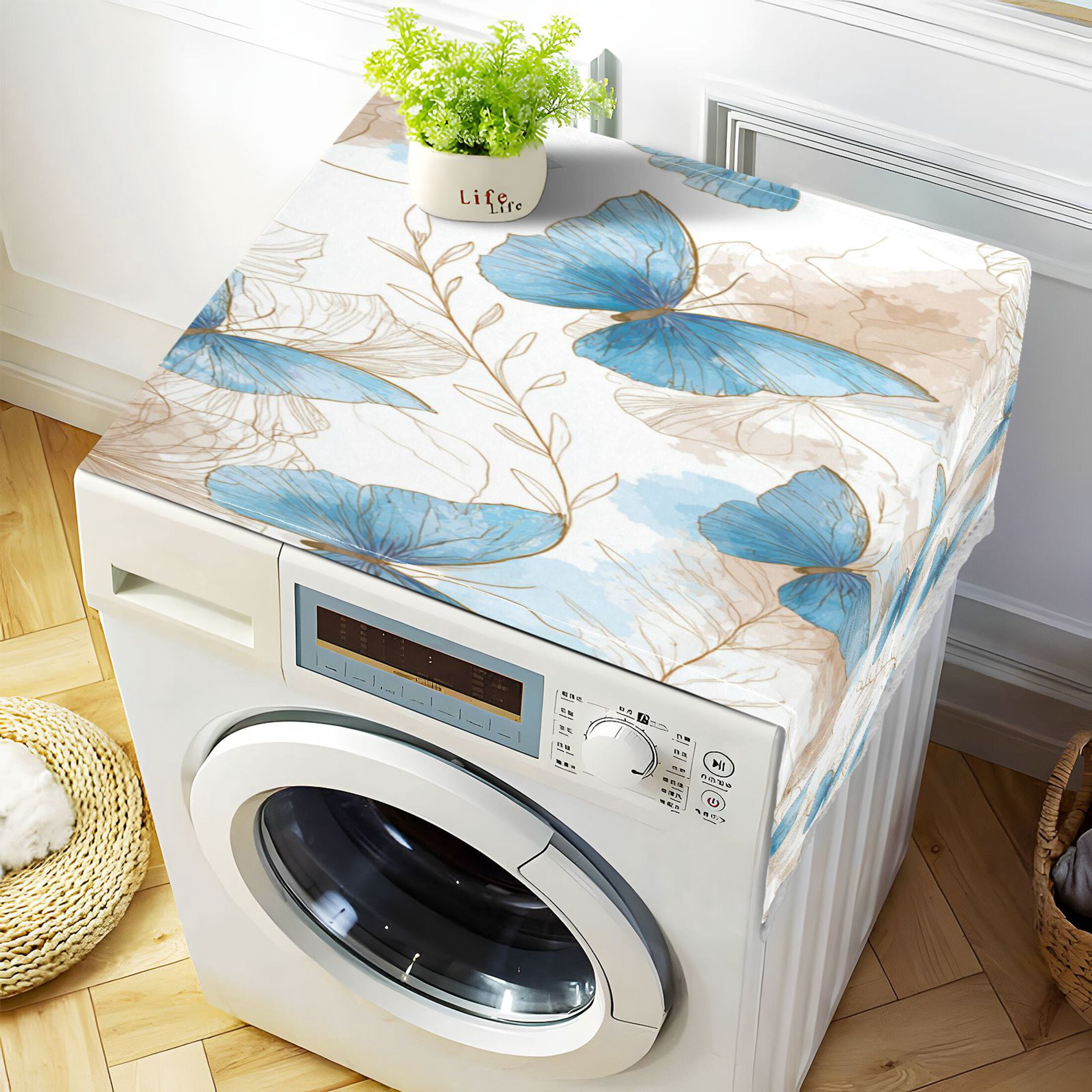 Wobogo Soft Blue Butterfly Washing Machine Cover Dustproof Washer Dryer Cover Waterproof Laundry Room Decorative Protector