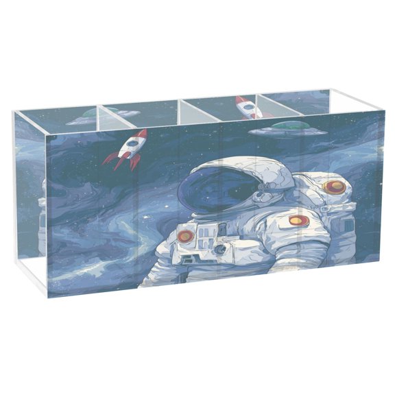 Wobogo Space Astronaut Acrylic Pen Holder 4 Compartments Clear Pencil Organizer Makeup Brush Storage Case