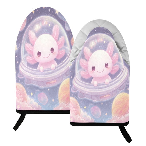 Wobogo Space Axolotl Heat Resistant Oven Mitts Quilted Cotton Kitchen Gloves with Hanging Loop for Cooking BBQ Microwave