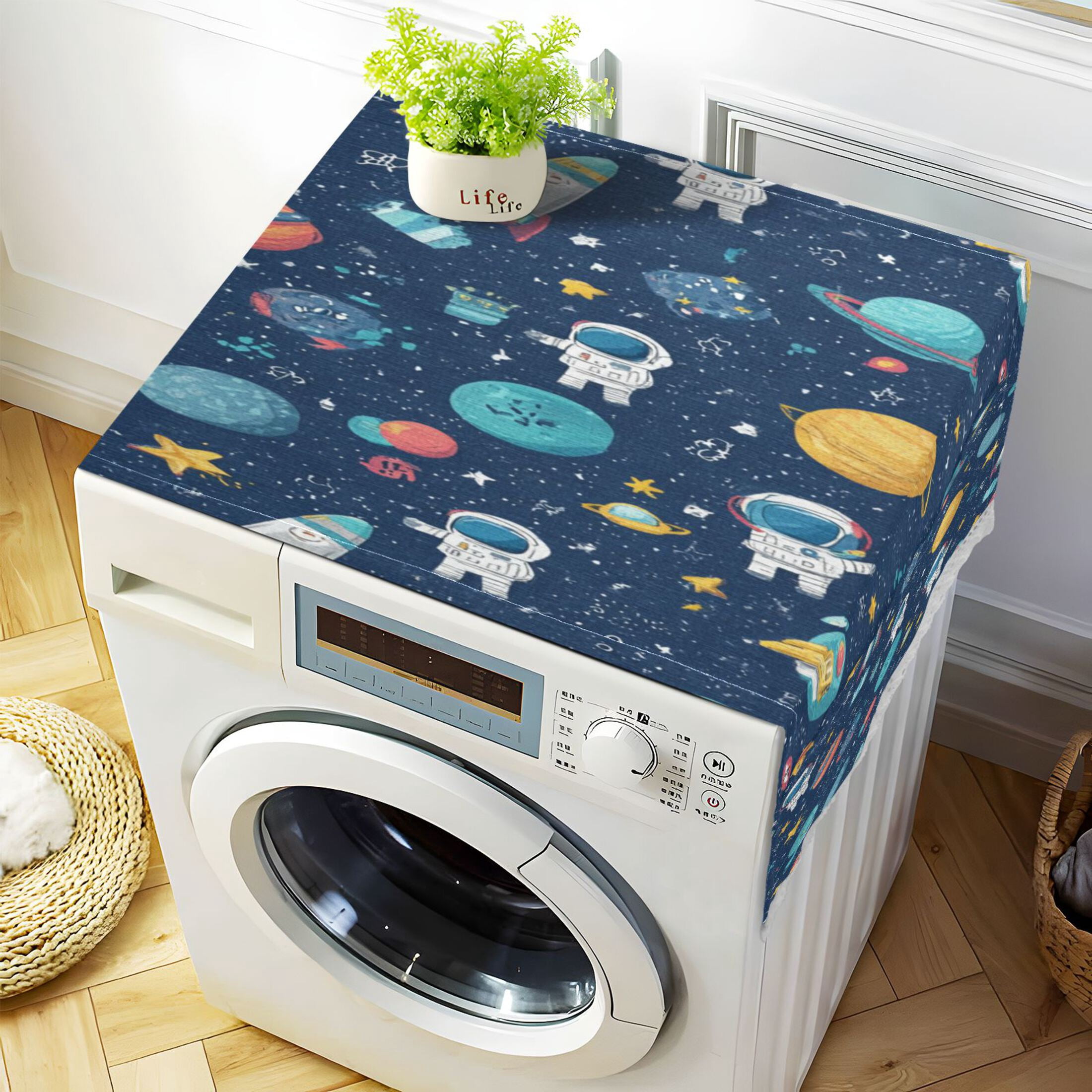 Wobogo Space Themed Washing Machine Cover Dustproof Washer Dryer Cover Waterproof Laundry Room Decorative Protector