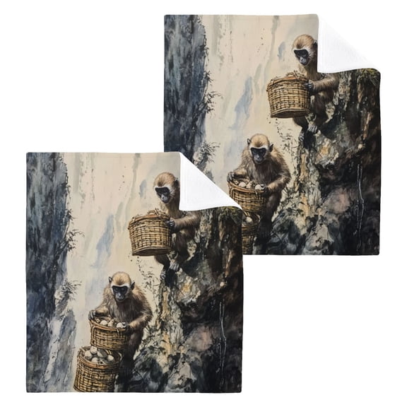 Wobogo Spirit Monkeys Square Cotton Towel Set of 2 Soft and Skin-friendly with Good Absorbency 12×12in