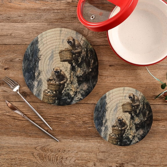Wobogo Spirit Monkeys Trivets Potholders Set of 2 Cotton Woven Round Hot Plate Mats for Hot Dishes Bowls Teapots