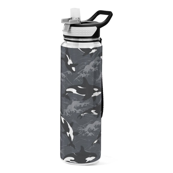 Wobogo Sports Water Bottle 34oz with Straw BPA-Free Tritan for Gym Travel & Outdoor Activities,Ocean Orcas Print