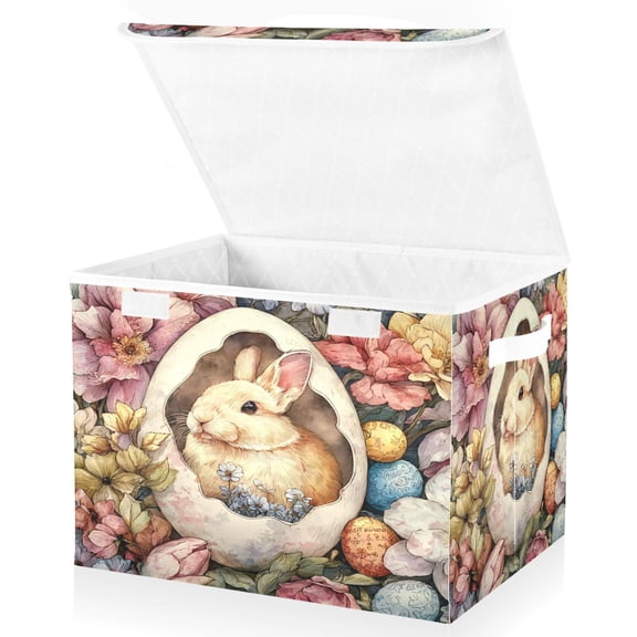 Wobogo Spring Easter Bunny Large Collapsible Storage Box Flip Lid Fabric Decorative Organizer Container Basket with Handles 16.512.611.8in
