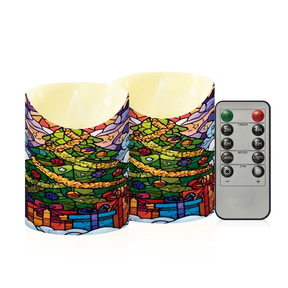 Wobogo Stained Glass Christmas Tree Flameless Candles with Remote Battery Operated Flickering LED Candles with Timer 2/4/6/8H Small Size