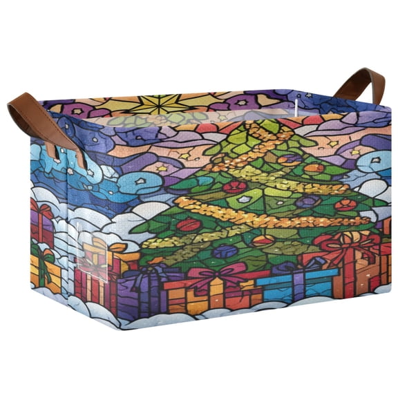 Wobogo Stained Glass Christmas Tree Storage Basket 16.9×11.4×10in Collapsible Oversized with Metal Iron Frame