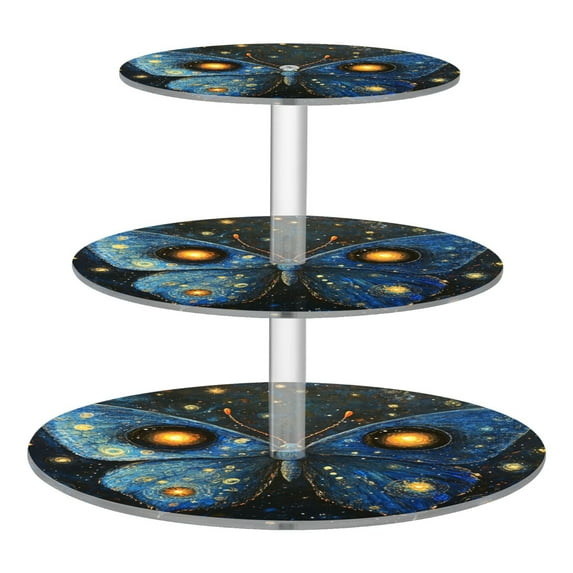 Wobogo Star Blue Butterfly 3 Tier Acrylic Cake Stand with Clear Round Hold for Wedding Holiday Birthday Baby Shower Tea Party