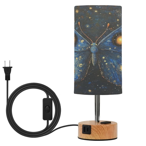 Wobogo Star Blue Butterfly Bedside Lamp Touch Control Table Lamp with USB A+C Charging Ports & AC Outlet 3-Way Dimmable Nightstand Lamp with Linen Fabric Shade for Bedroom Living Room